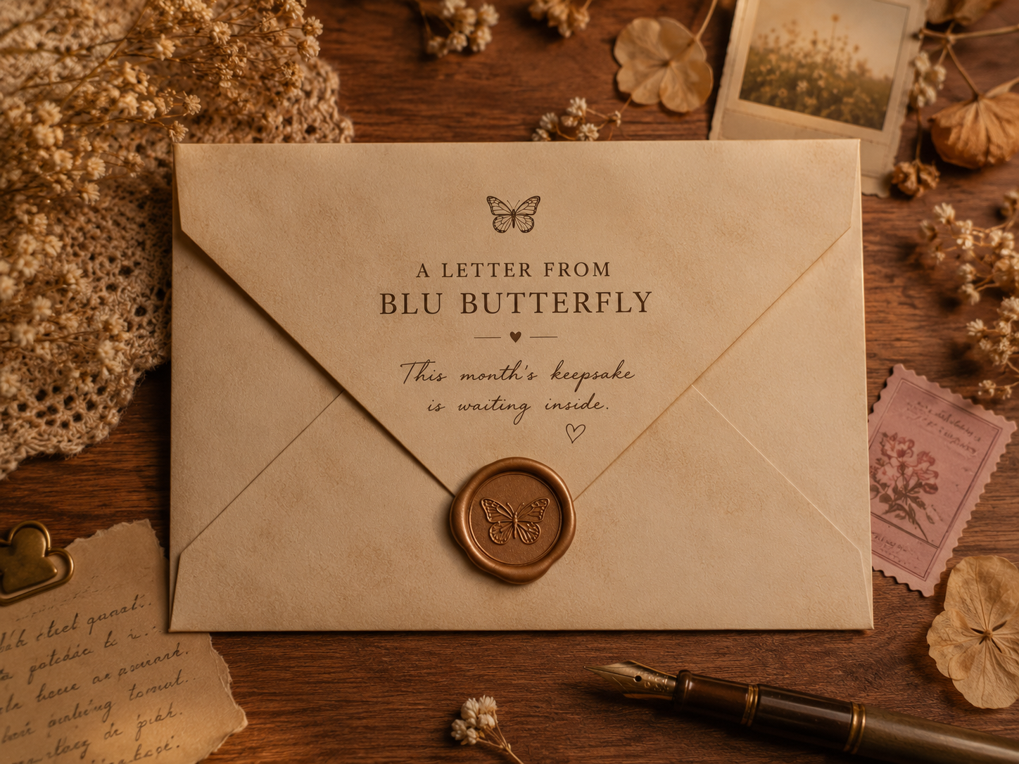 A letter from Blu Butterfly — this month's keepsake is waiting inside