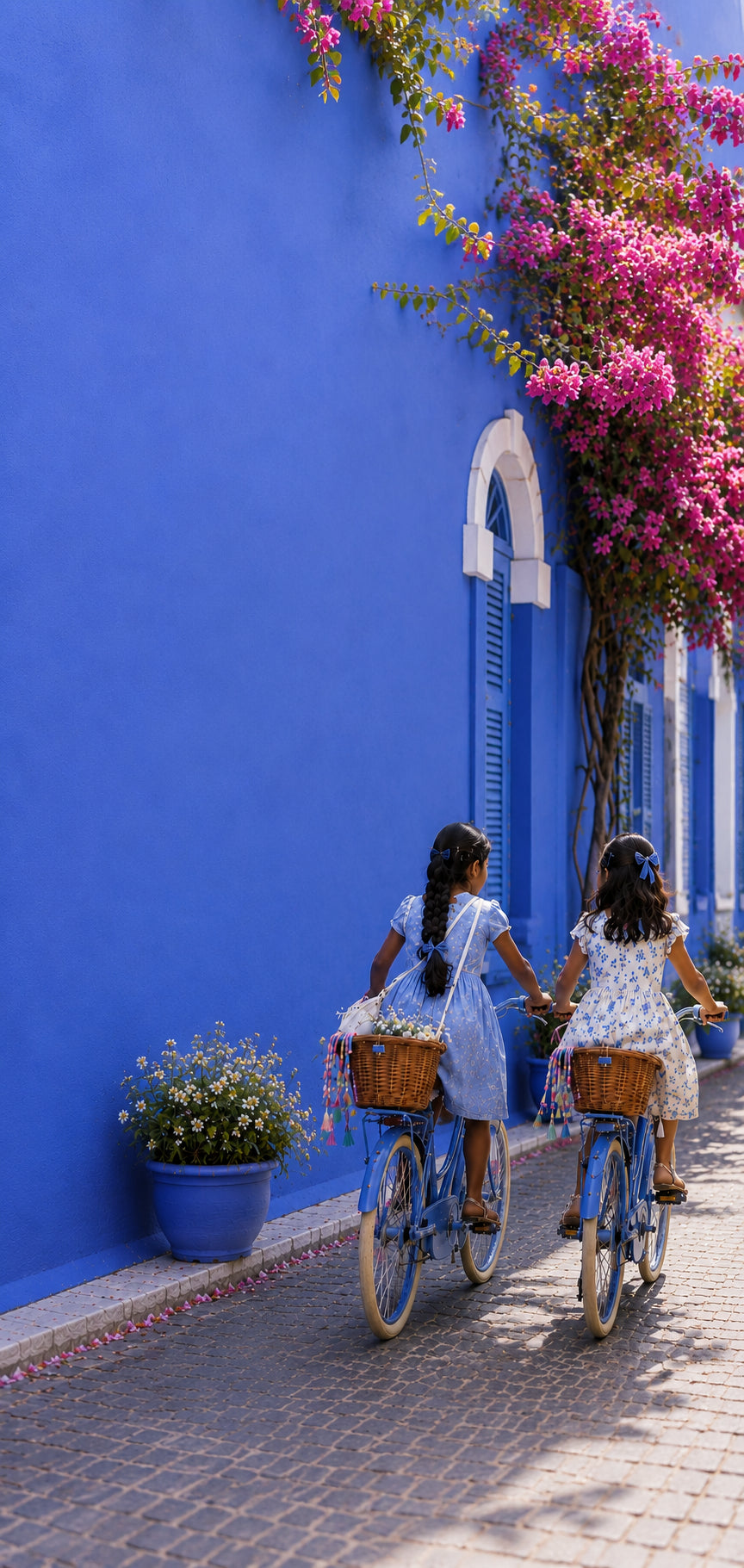 Two little girls on blue bicycles
