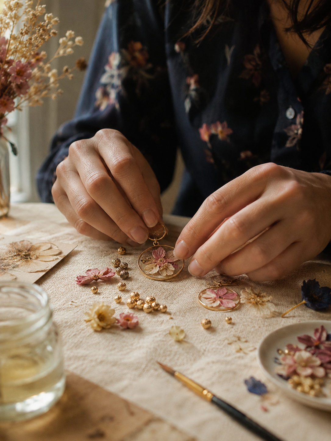 Hands crafting pressed flower jewellery